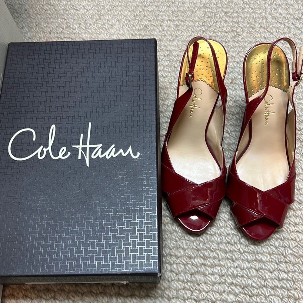 Cole Haan Aurora Air.Sling Peep Toe Shoes In Claret Patent Leather Size 8.5